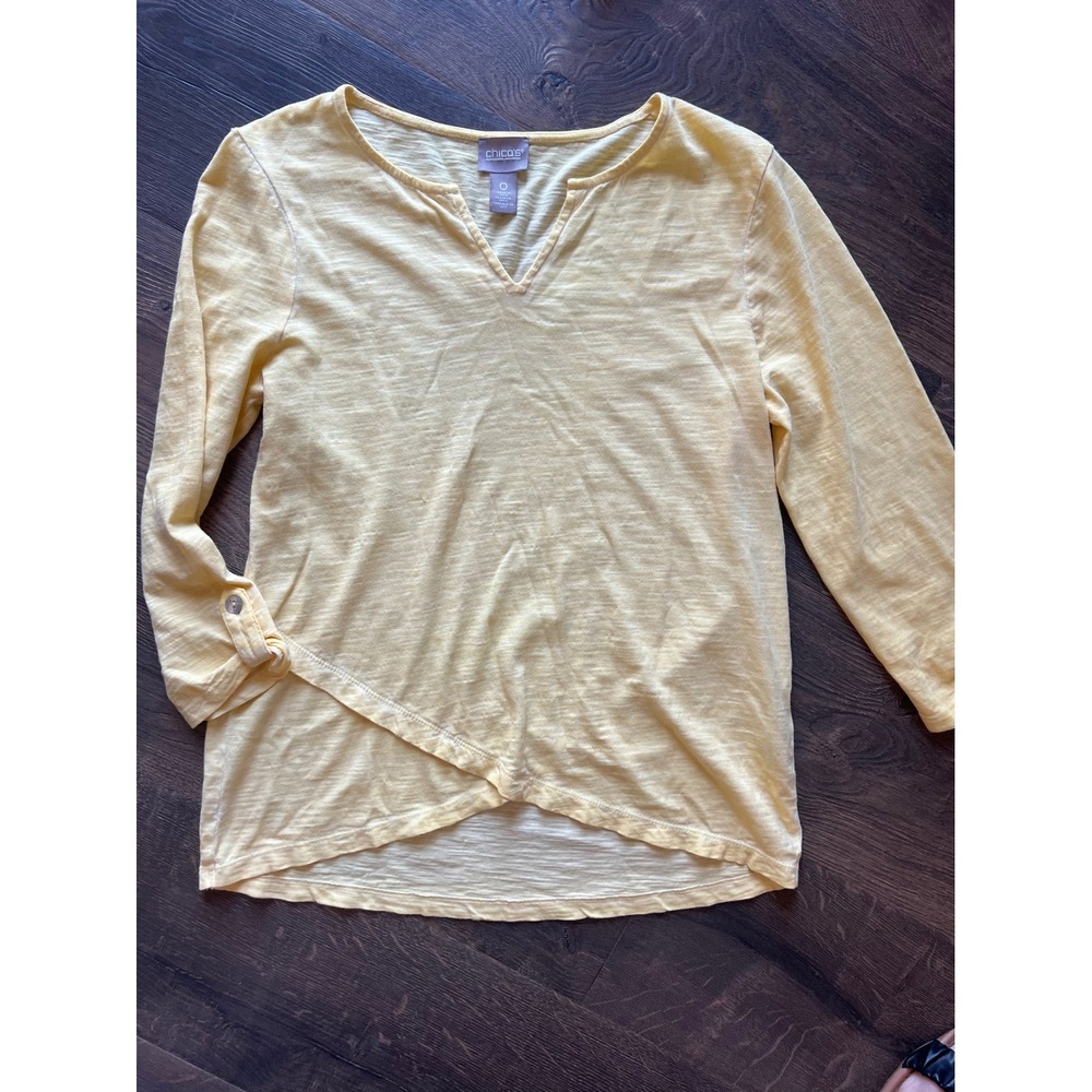 Chico's Women's Yellow V Neck 3/4 Sleeve Button Tab‎ Top size 0 XS
